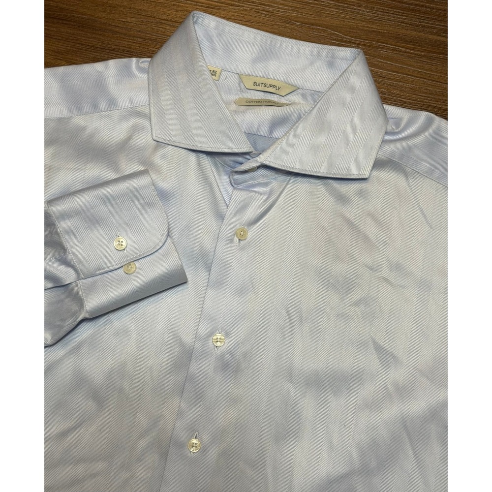Suitsupply Light Blue Herringbone Cotton Two Ply Formal Dress Shirt Sz 16.5x42